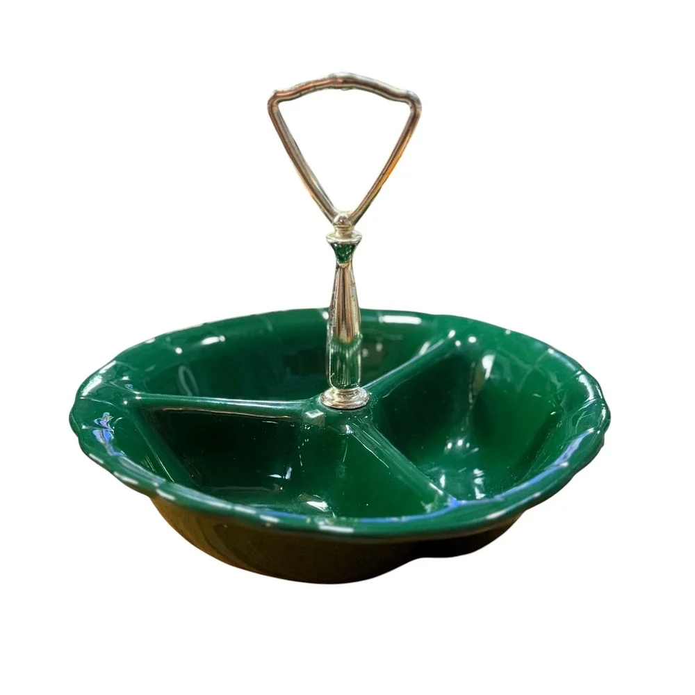 Lane & Co Van Nuys Calif 1960 Vintage Green Ceramic Divided Serving Dish Handle